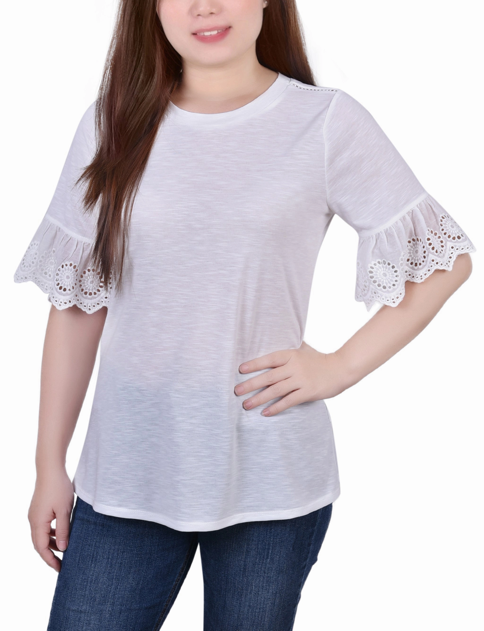 Petite Short Bell Sleeve Slubbed Top LowProfileDesign Biodegradable material