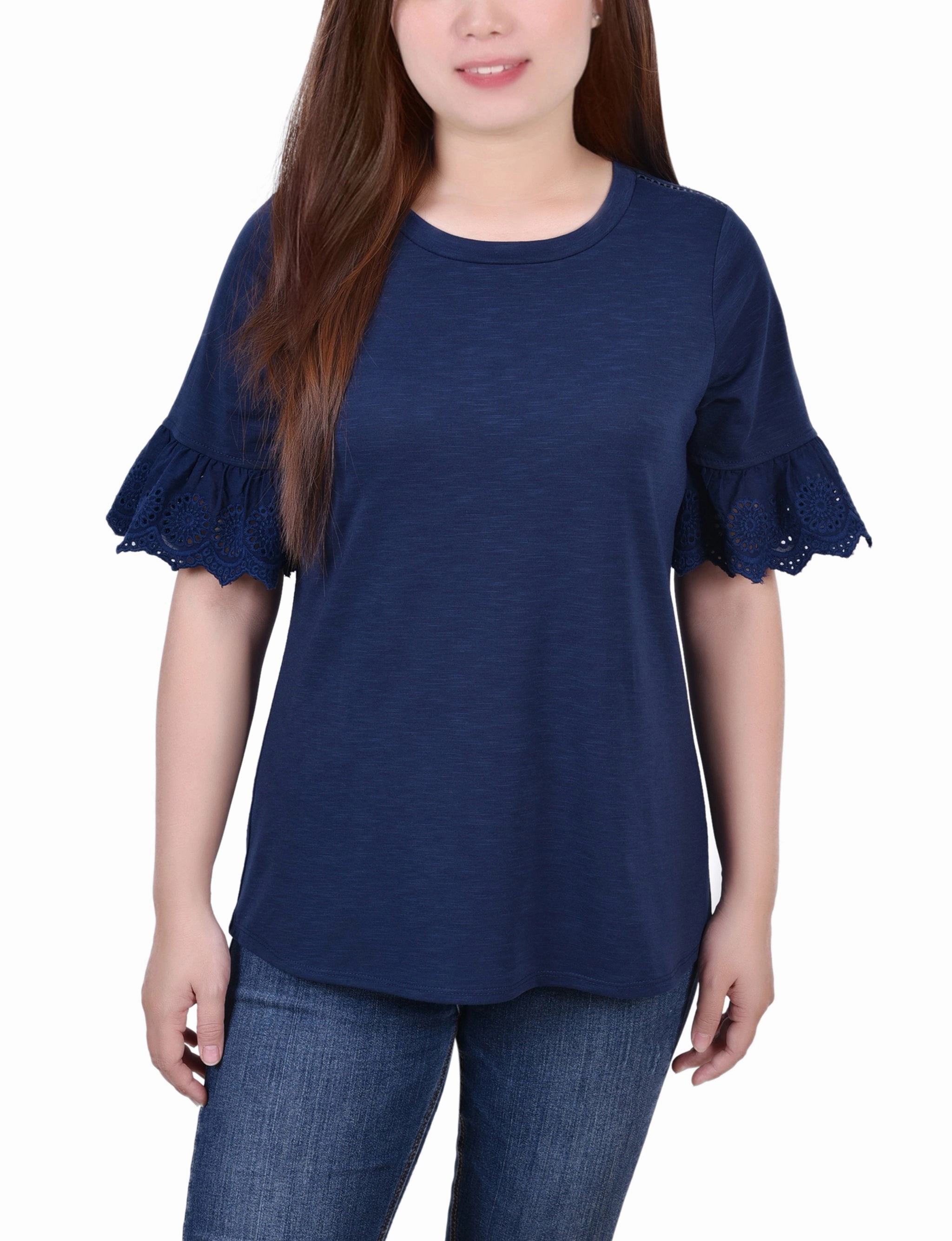 FrictionResistant Fabric Easy Wear Petite Short Bell Sleeve Slubbed Top