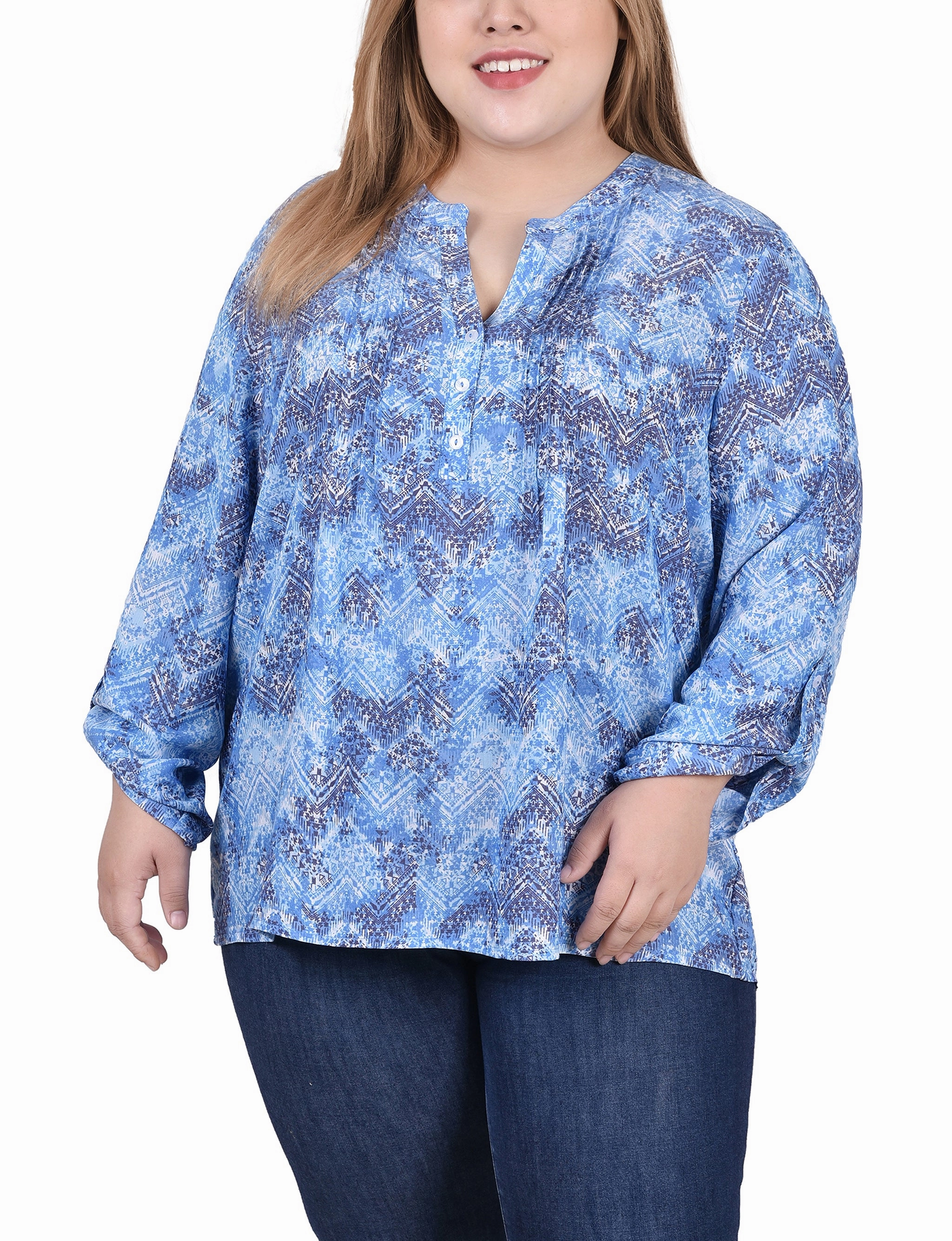 Plus Size Long Roll Tab Sleeve Pintuck Front Blouse All-Purpose QuickPackFoldableDesign