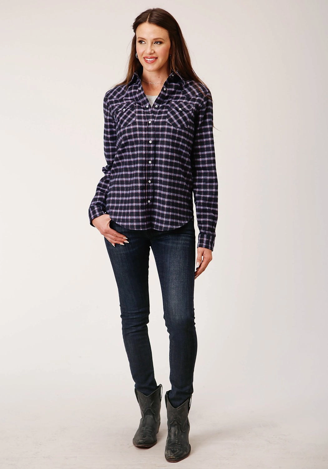 Roper Womens Unlined Flannel Blue 100% Cotton L/S Shirt Versatile Layering