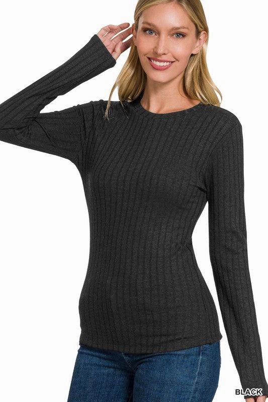Multi Pocket Functional Design Ventilated Back Panels Rhonda Ribbed Long Sleeve Round Neck Top