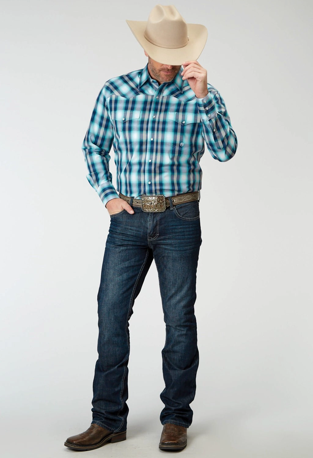 Roper Mens Cool Breeze Plaid Blue 100% Cotton L/S Shirt Snug feel Artistic Design