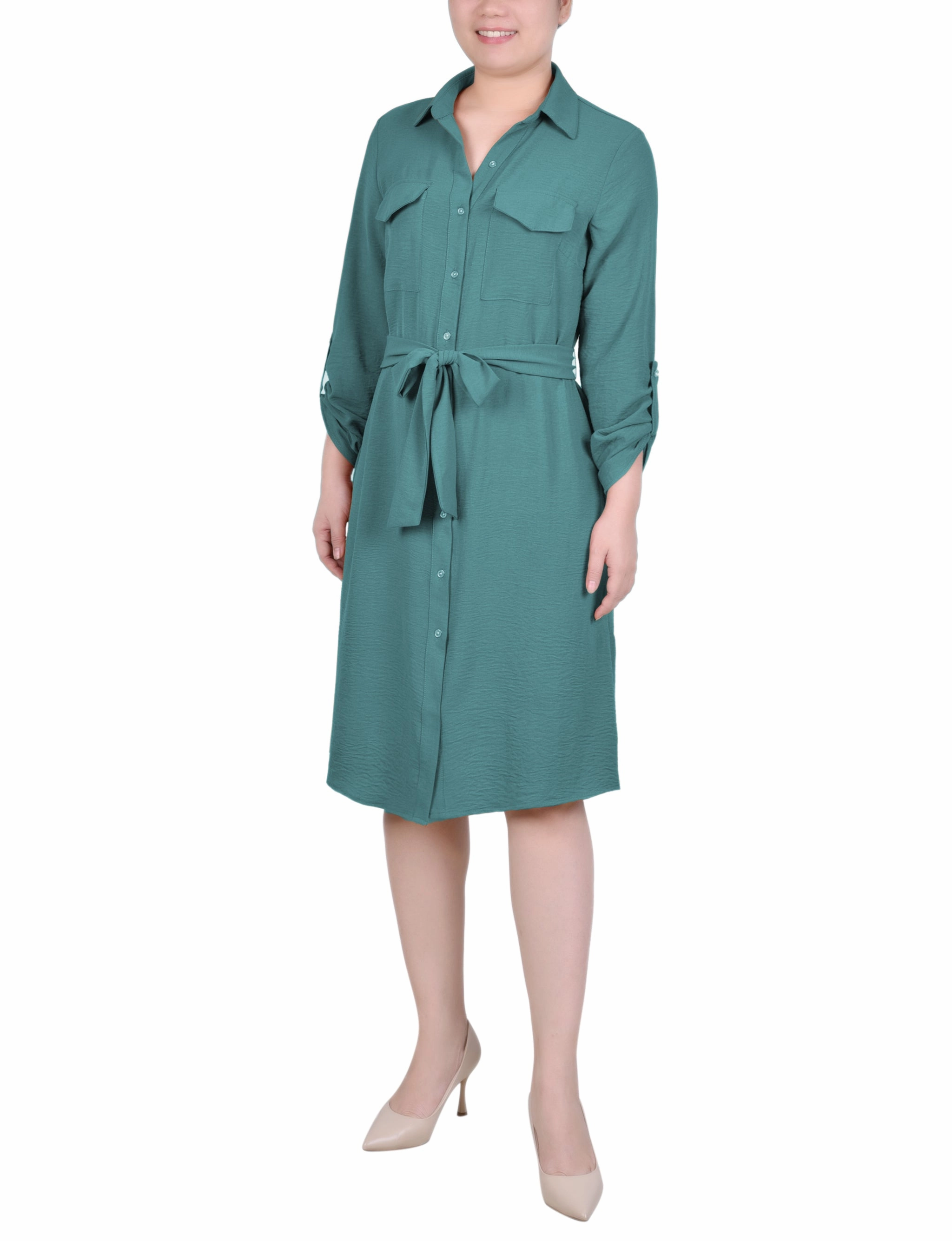 Soft Draping Soft cotton dress Long Roll Tab Sleeve Shirtdress