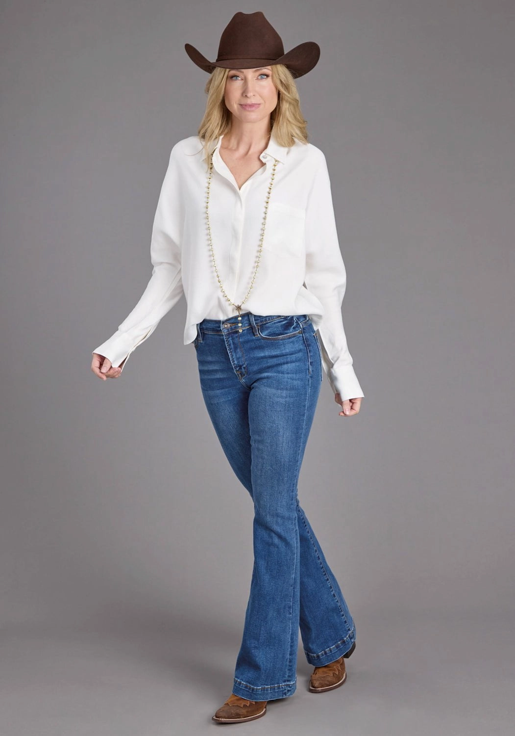 Stetson Womens Loose Collared Cream 100% Rayon L/S Blouse Errand Ready Daytime Look