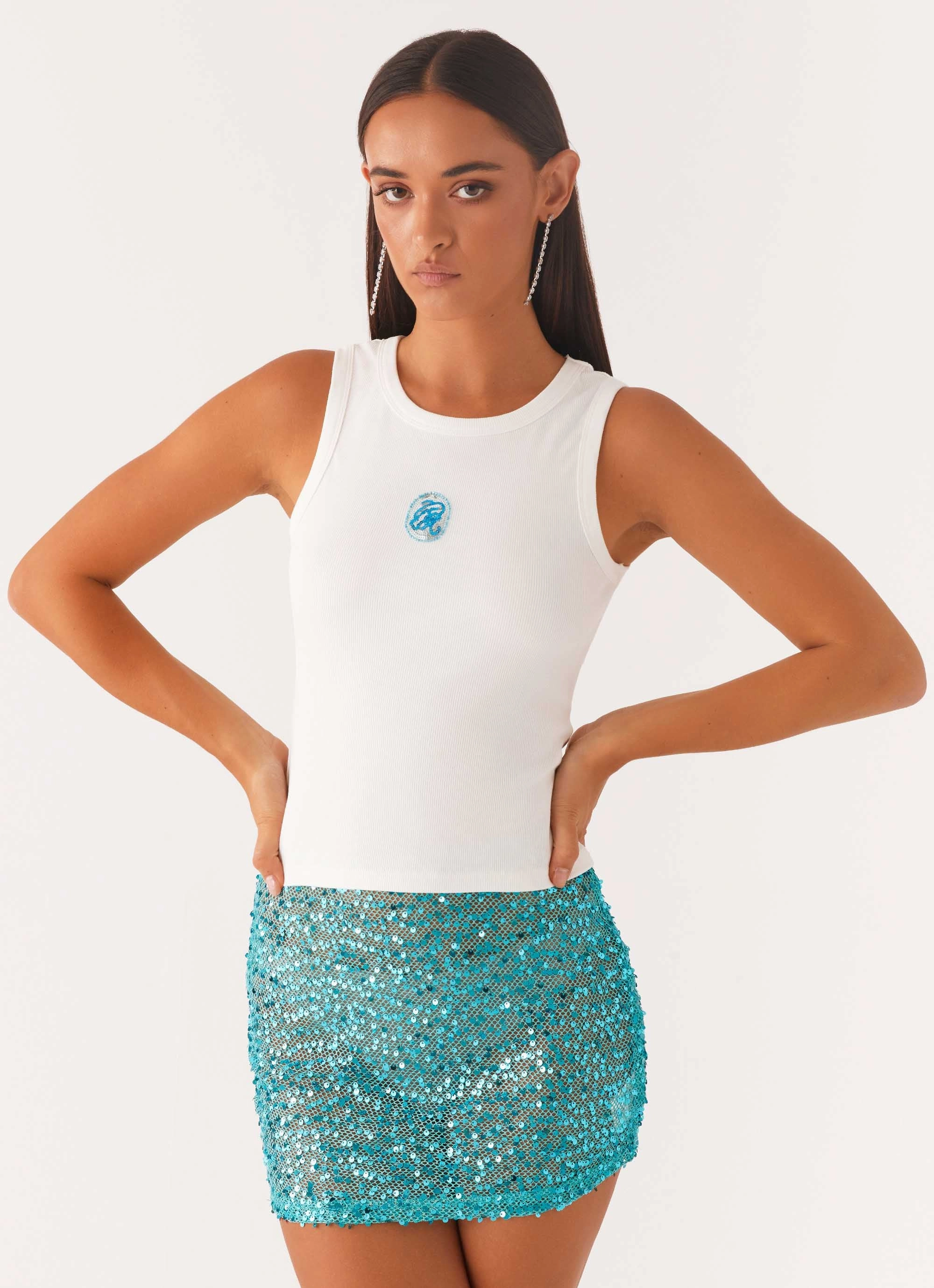 Casual Wear Signature Beaded Logo Tank - White