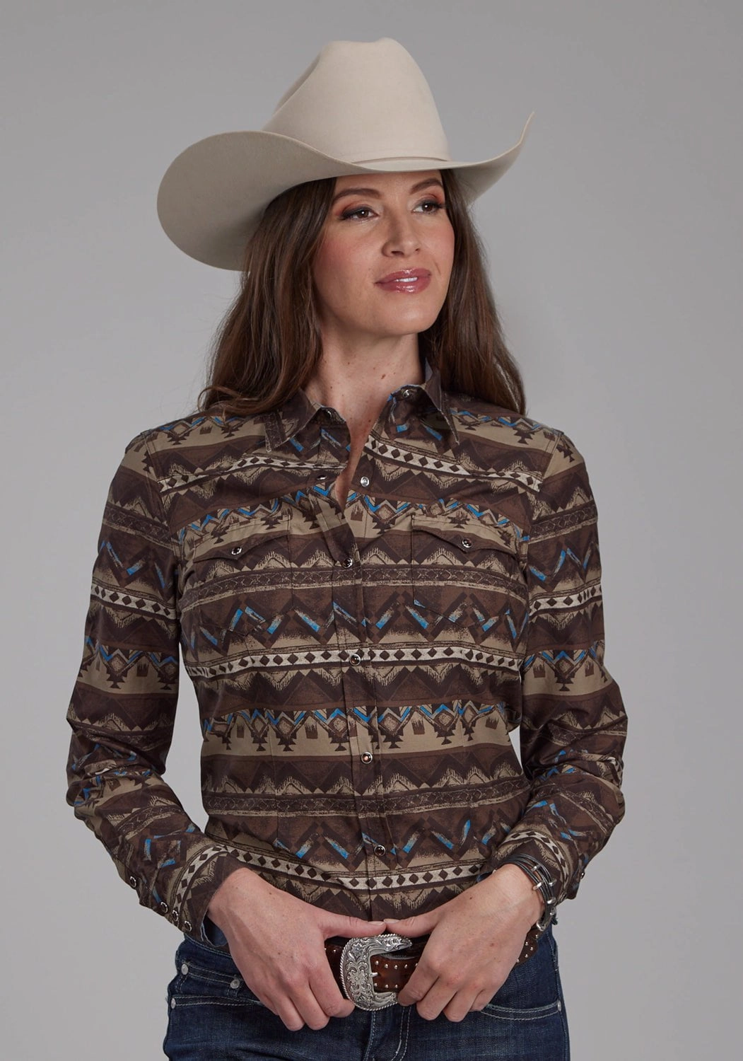 Holiday Special Must-Have Item Roper Womens Distressed Aztec Brown 100% Cotton L/S Shirt