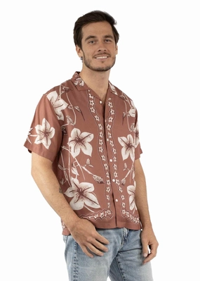 Multi Pocket Utility Lightweight Weave Scully Mens Hawaiian Orchid Print Brown 100% Viscose S/S Shirt