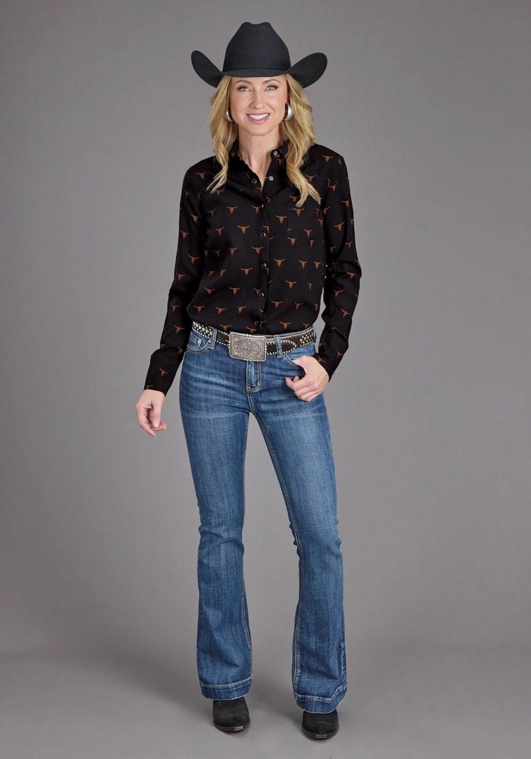 Stetson Womens Mojave Print Black 100% Rayon L/S Blouse Edgy Fashion