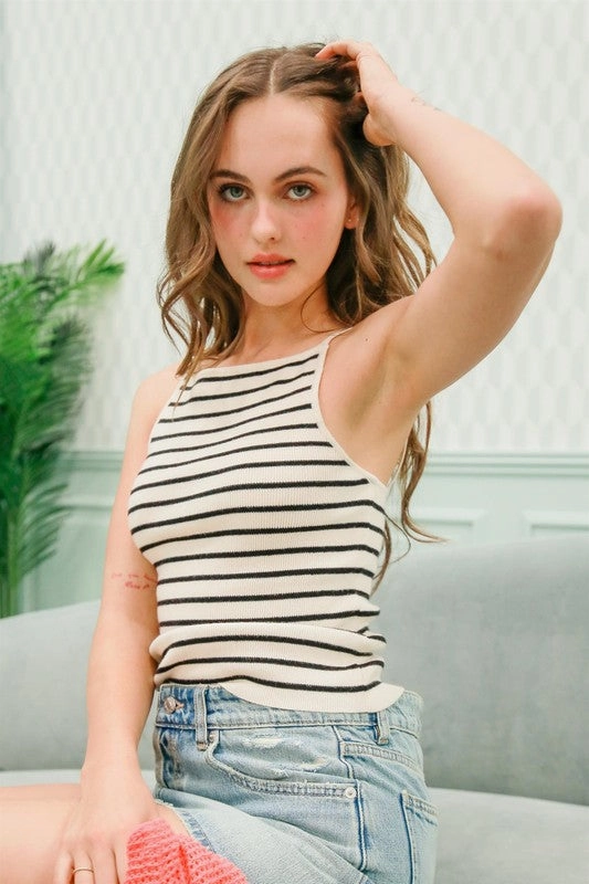 ContouredPanels Drop Shoulder Silhouette Aria Striped Knit Halter Neck Cami Top