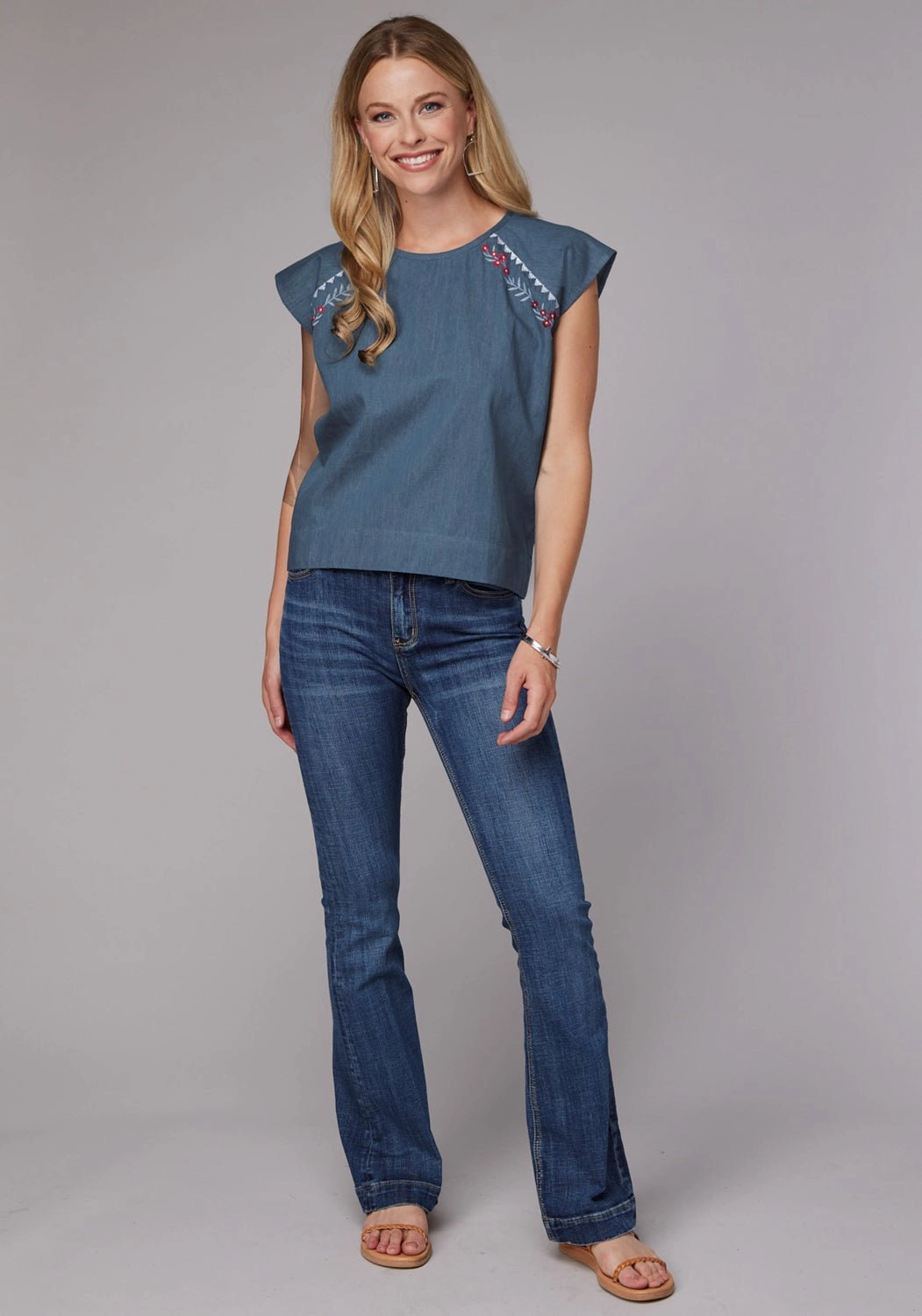 Classic Design Roper Womens 2081 Embroidered Medium Blue 100% Cotton S/S Blouse