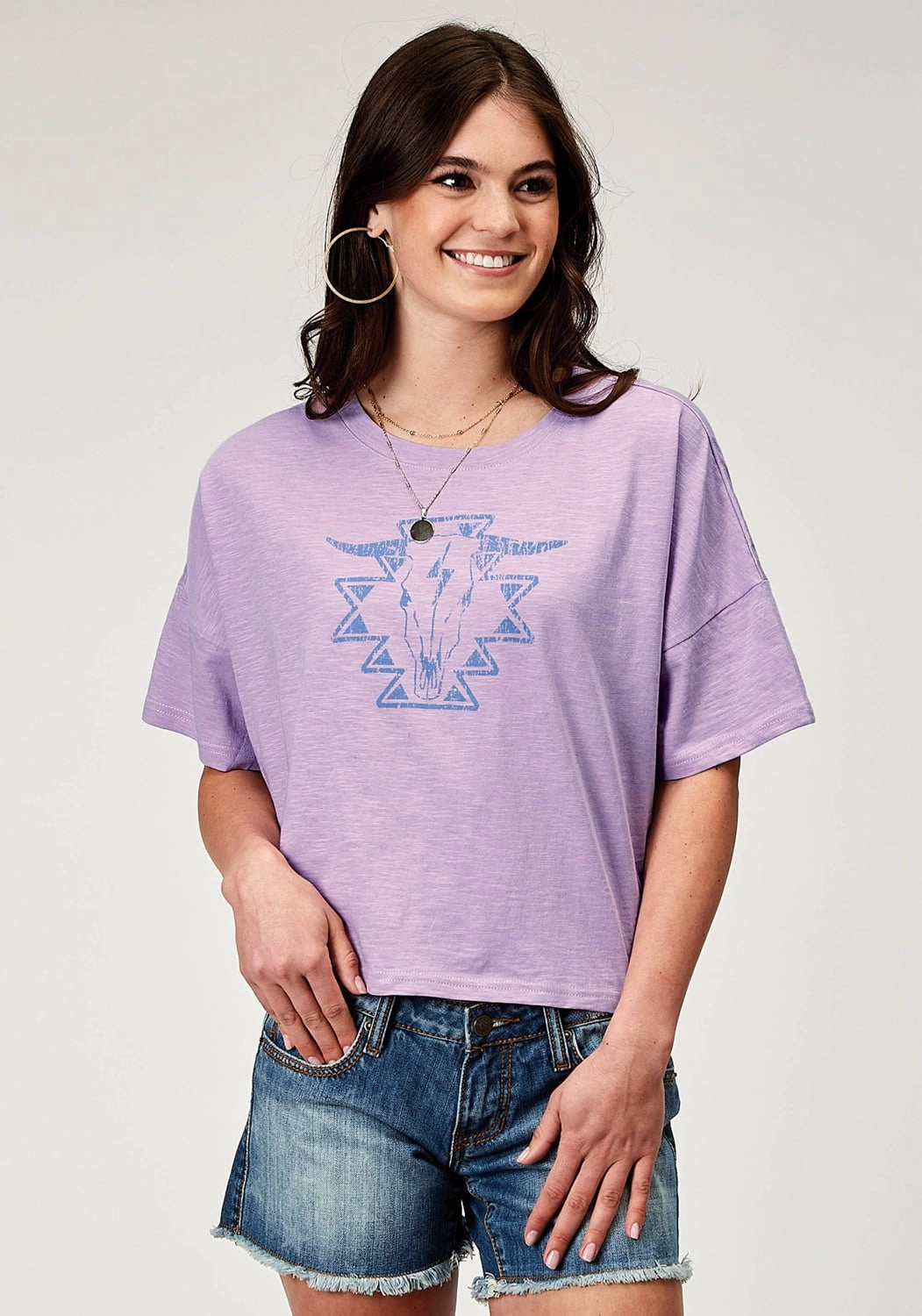 Roper Womens Southwest Longhorn Lilac 100% Cotton S/S T-Shirt Mesh Insert