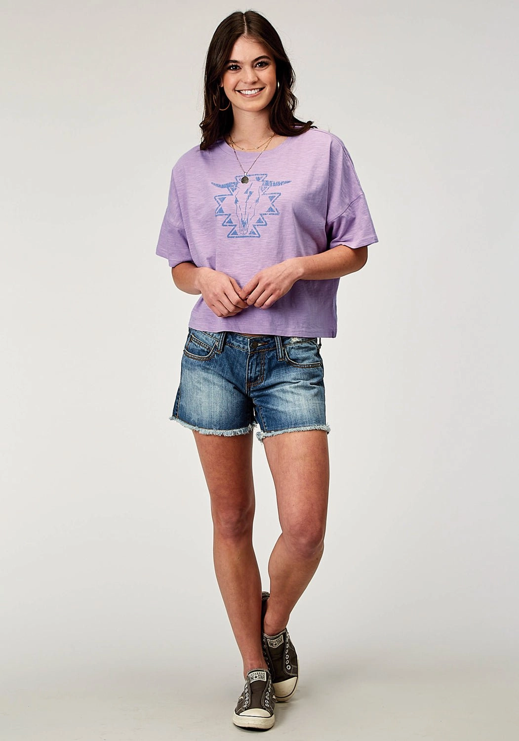 Layering Essential Roper Womens Southwest Longhorn Lilac 100% Cotton S/S T-Shirt