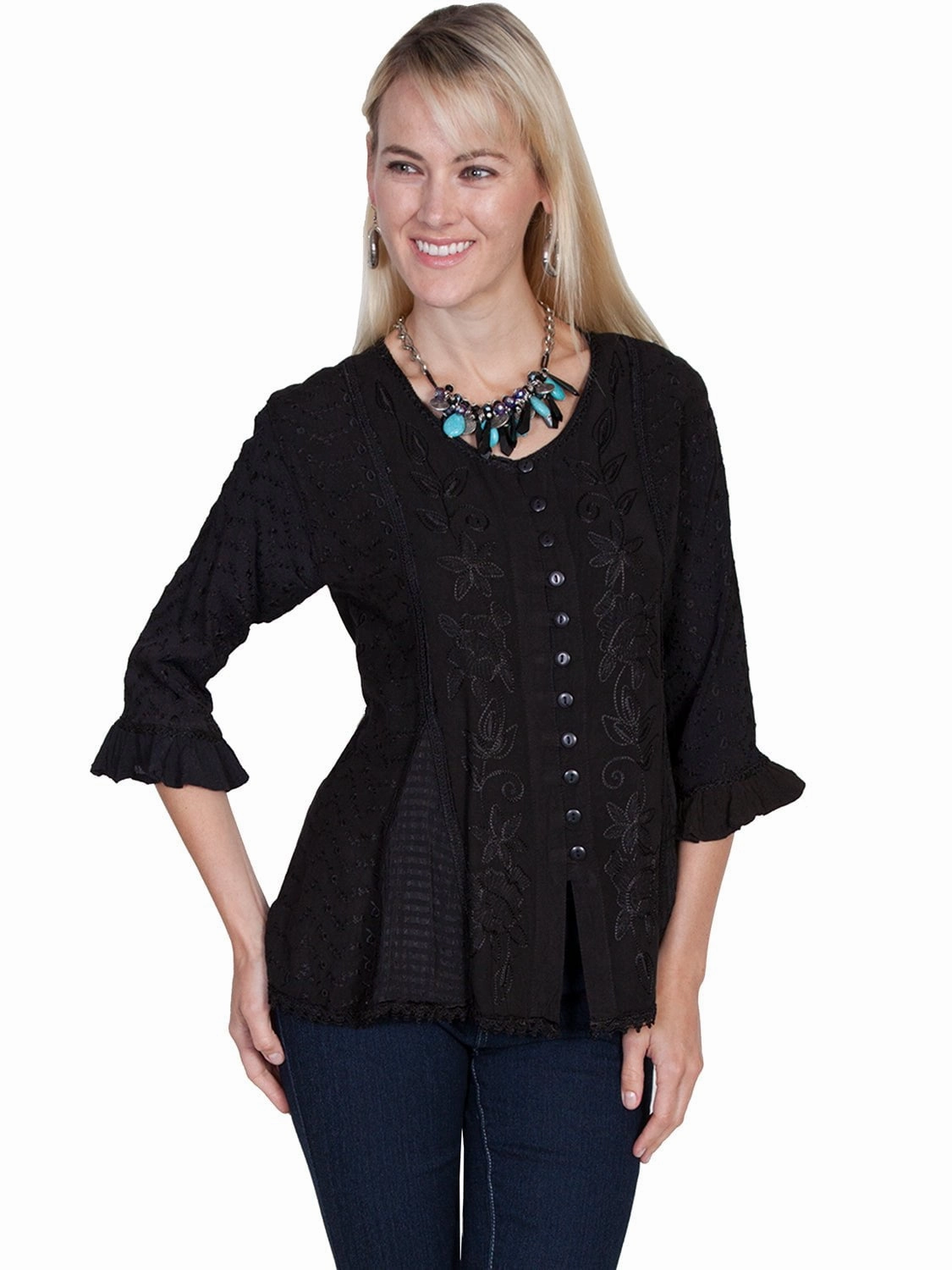 Quick Dry Construction Scully Honey Creek Womens Black 100% Rayon 3/4 Sleeve Fabric Blouse