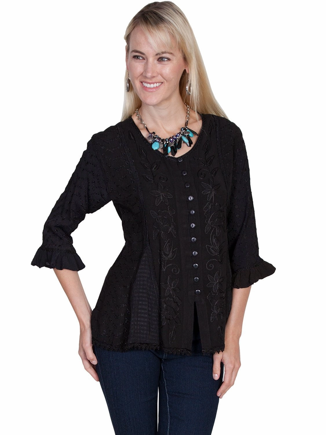 Scully Honey Creek Womens Black 100% Rayon 3/4 Sleeve Fabric Blouse Weekend Adventure