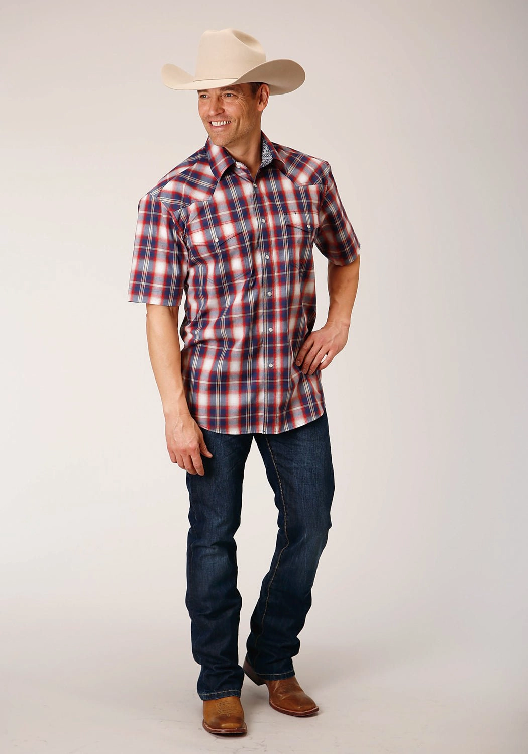 Sleek Silhouette Urban Style Roper Mens Independence Plaid Blue 100% Cotton S/S Shirt