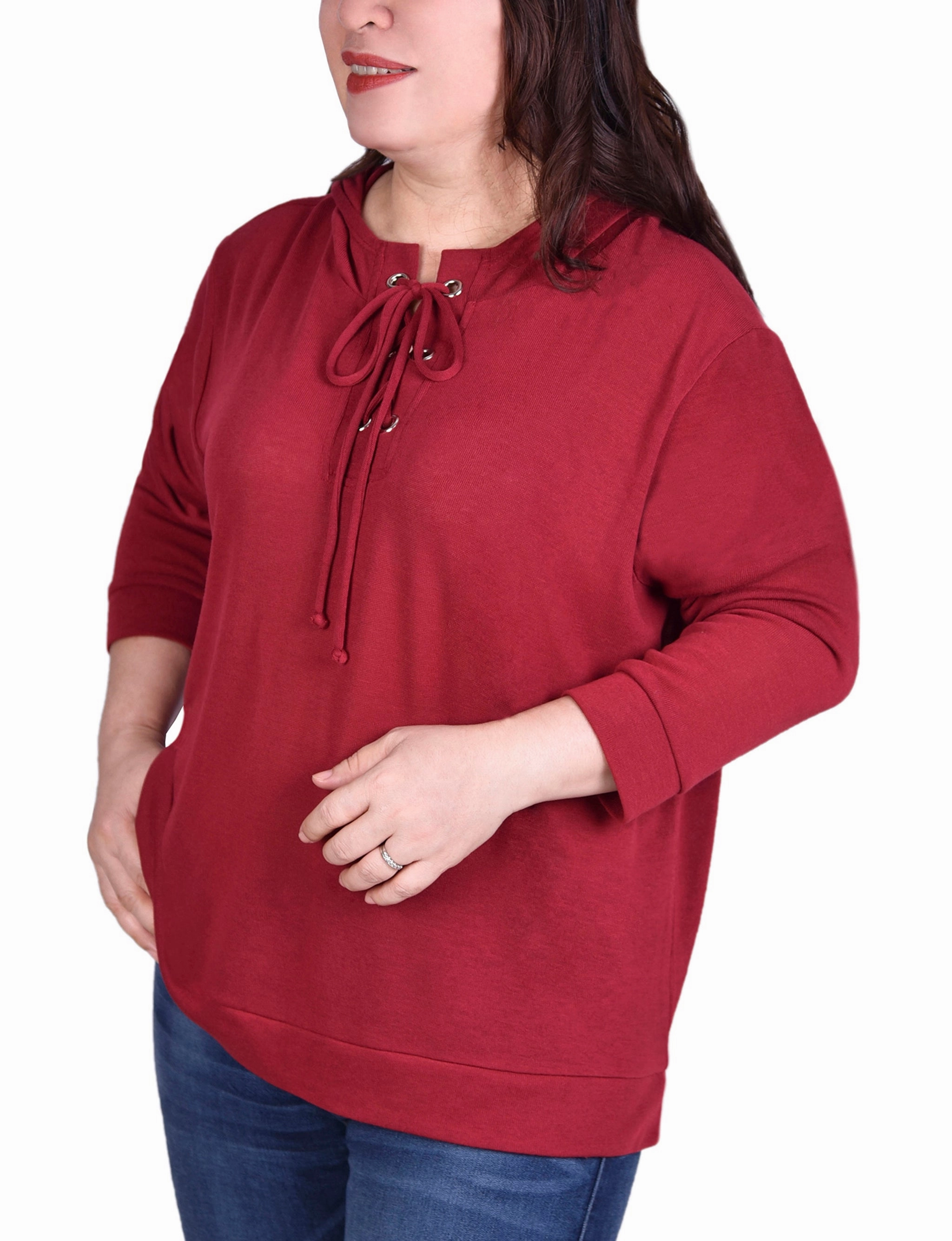 Plus Size Long Sleeve Hoodie Top With Laced Yoke Color-Blocked Lightweight