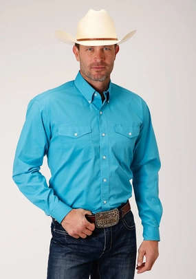Resort Wear Anti Pilling Finish Roper Mens Turquoise Cotton Blend Stretch Poplin BD L/S Btn Shirt