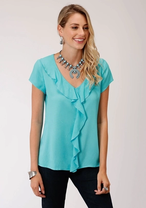 Mature Elegance Affordable Fashion Roper Womens Aqua Blue Rayon/Nylon V-Neck Ruffle S/S Tunic