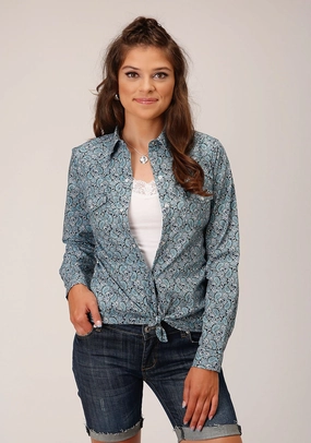 Roper Womens Peacock Paisley Blue 100% Cotton L/S Shirt Classic Look