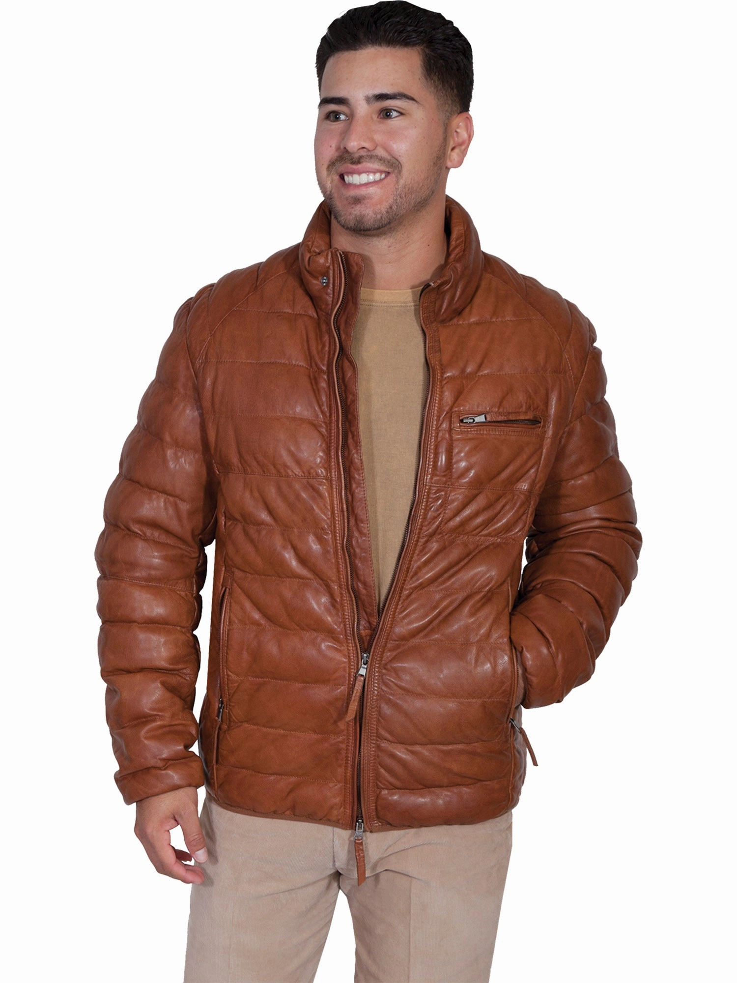 Scully Mens Cognac Lambskin Horizontal Ribbed Jacket Durable Double Stitching