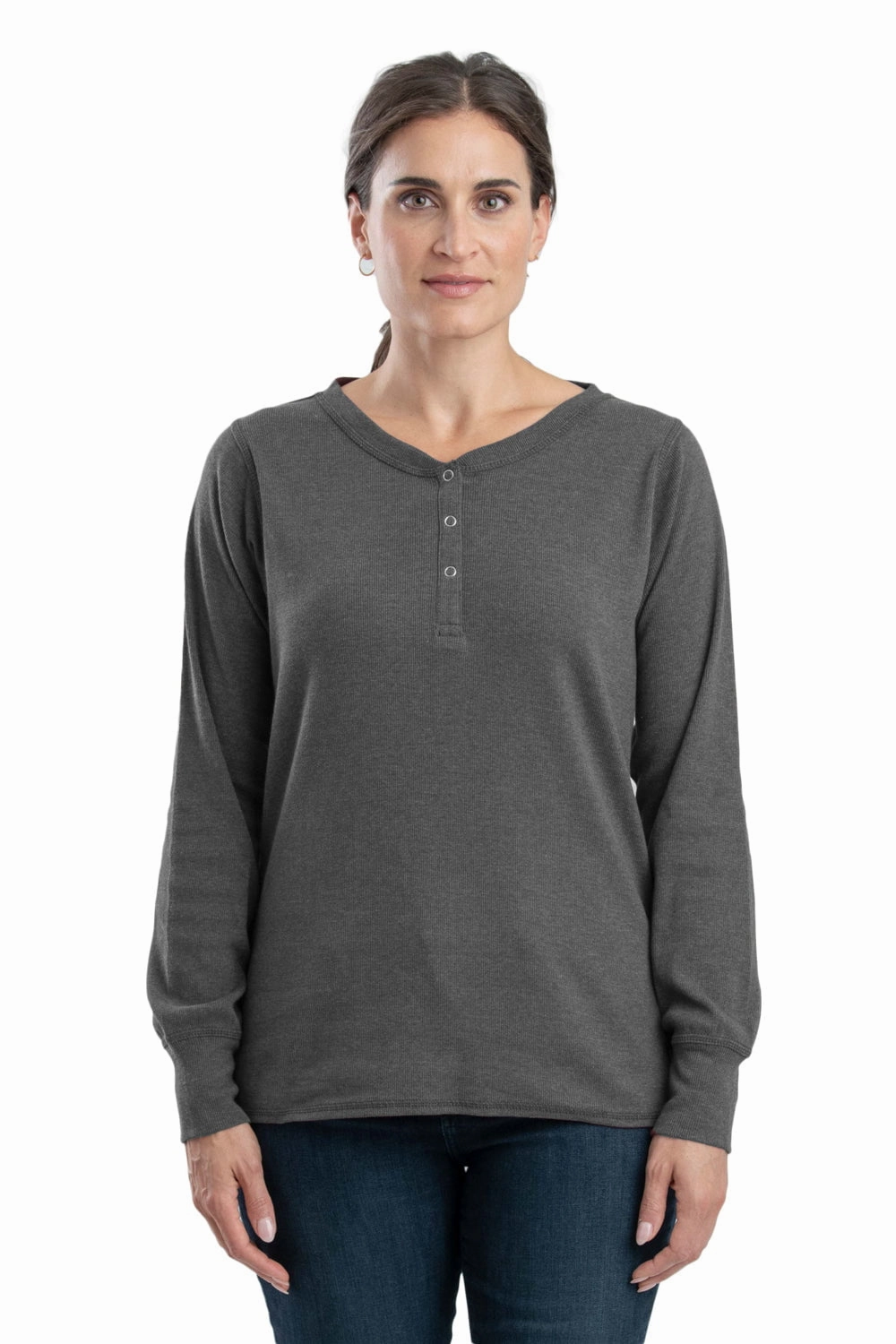 Yoke Design Tall Length Berne Graphite Cotton Blend Womens Heavyweight Rib Knit Henley L/S