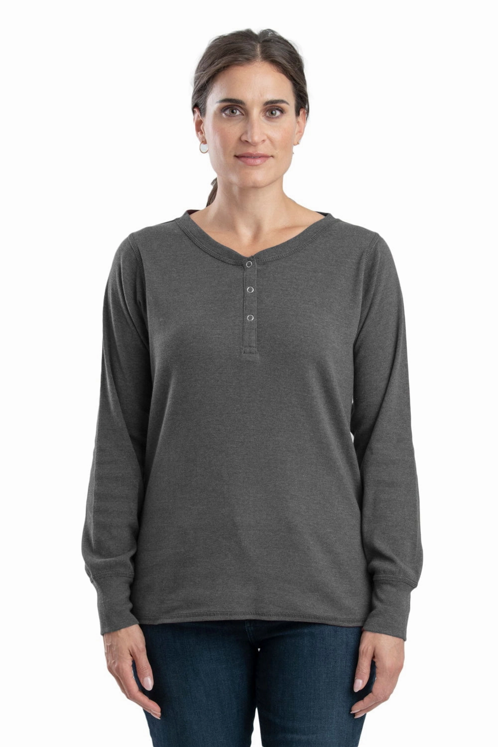 Functional Wear Berne Graphite Cotton Blend Womens Heavyweight Rib Knit Henley L/S