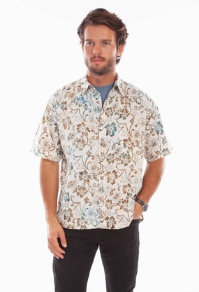 Scully Mens Batik Floral Natural 100% Cotton S/S Shirt Business casual