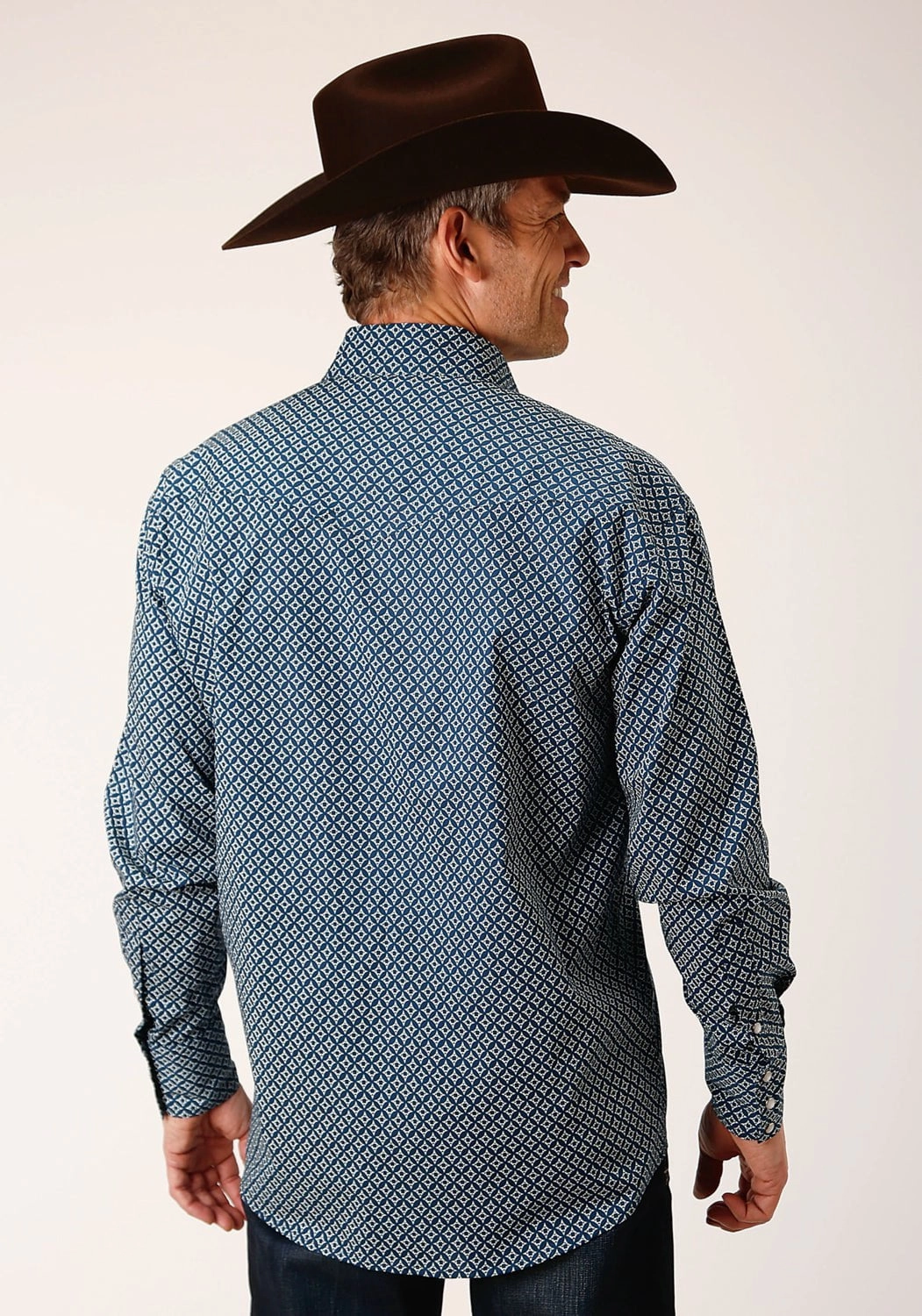 Weekend Outing Matte Look Roper Mens Navy Diamond Print Blue Cotton Blend L/S Shirt
