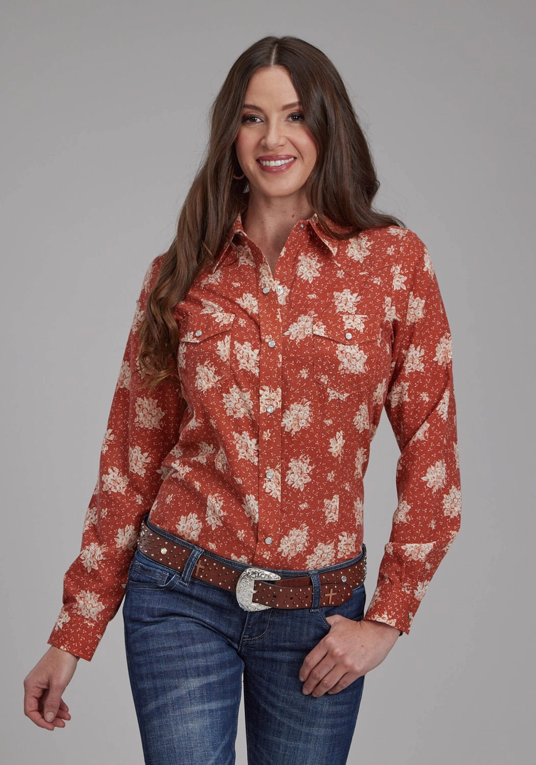 Ventilated Back Roper Womens 2282 Floral Orange/Cream Cotton Blend L/S Shirt