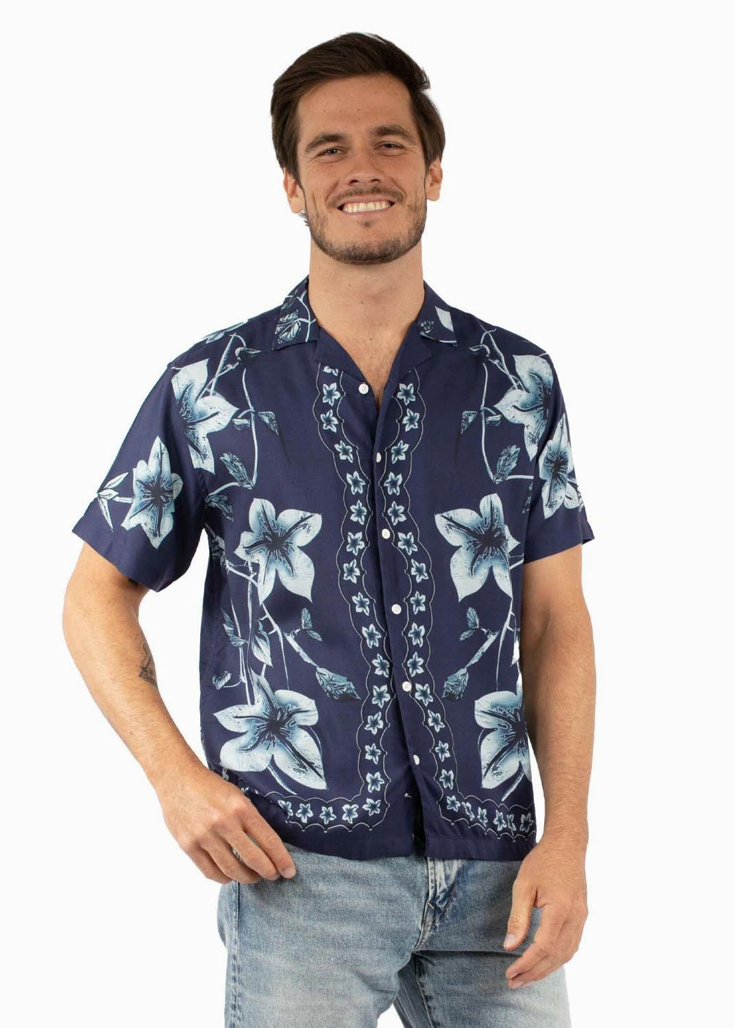 Moisture Wicking Material Yoke Design Scully Mens Hawaiian Orchid Print Navy 100% Viscose S/S Shirt