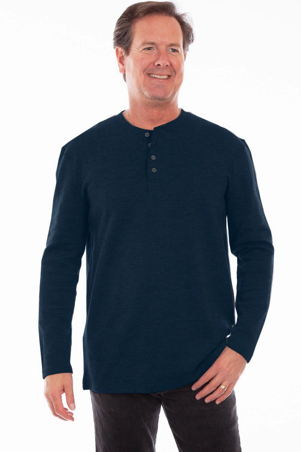 Eco Friendly Material Scully Mens Navy 100% Cotton Henley Rib L/S T-Shirt