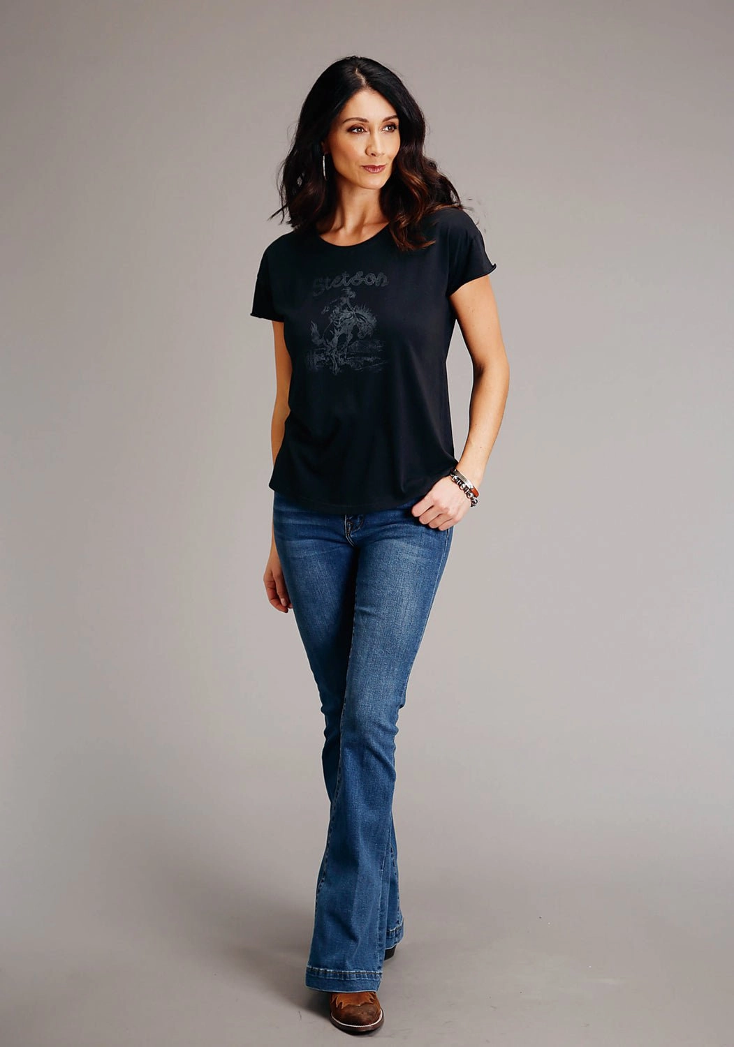 Flex Fit Collar Street Style Stetson Womens Black 100% Cotton Bronc Rider S/S T-Shirt