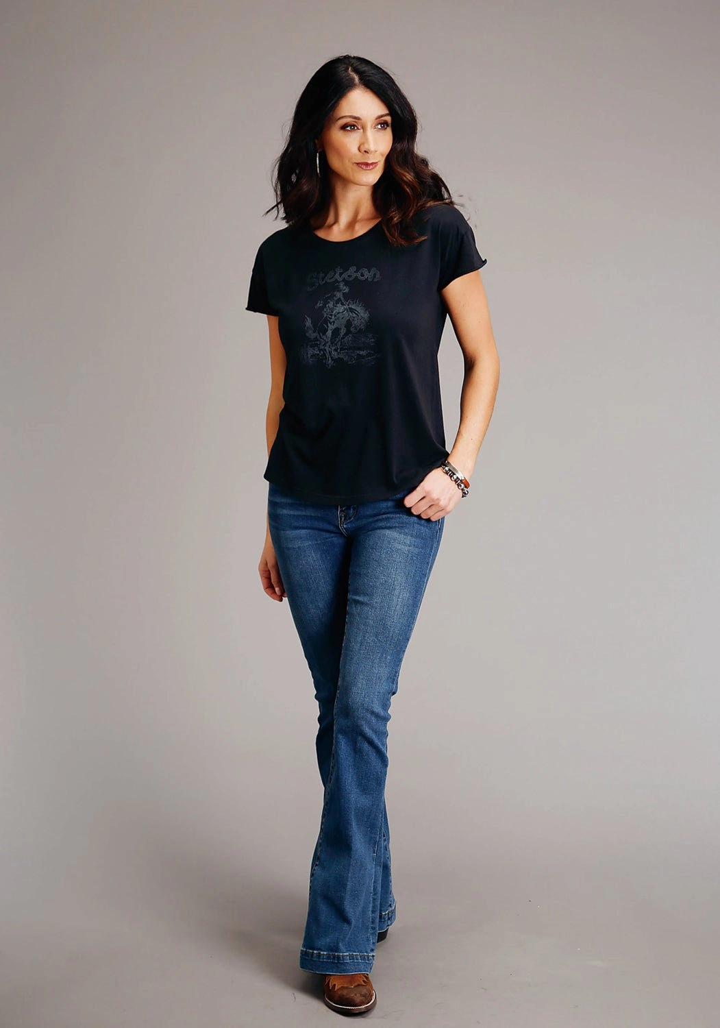 Stetson Womens Black 100% Cotton Bronc Rider S/S T-Shirt Minimalist Style Wrinkle-Free