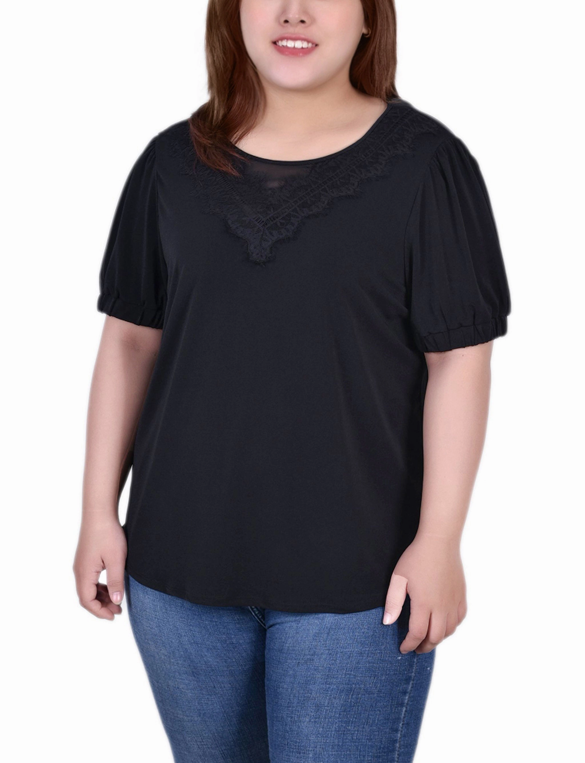 Plus Size Short Puff Sleeve Top With Lace FourWayStretchFabric Moisture Wicking Fabric