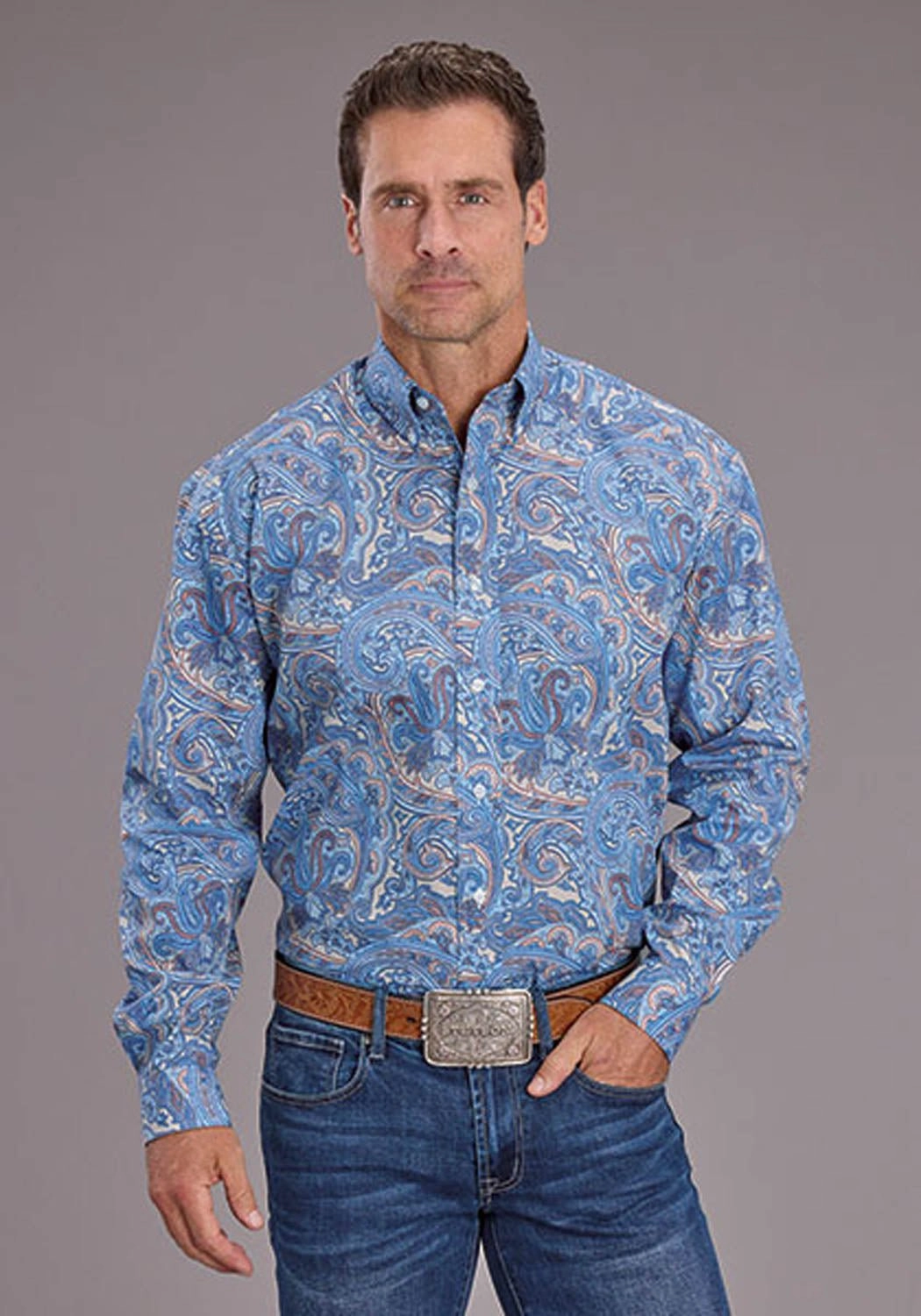 Stetson Mens 2521 Sunrise Paisley Blue 100% Cotton L/S Shirt Subtle pattern