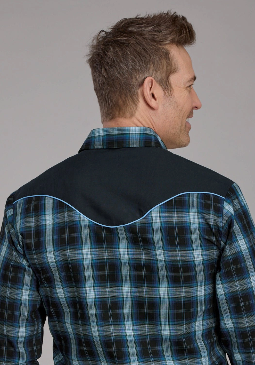 Roper Mens 2128 Windowpane Multi Blue Cotton Blend L/S Shirt Abrasion resistant Comfort First Fit