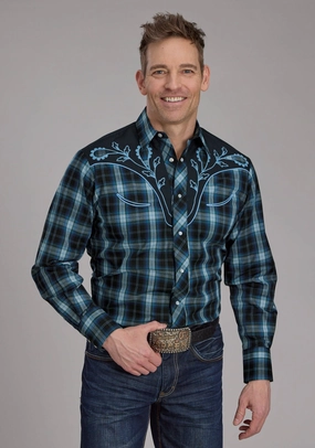 Roper Mens 2128 Windowpane Multi Blue Cotton Blend L/S Shirt Patterned Texture