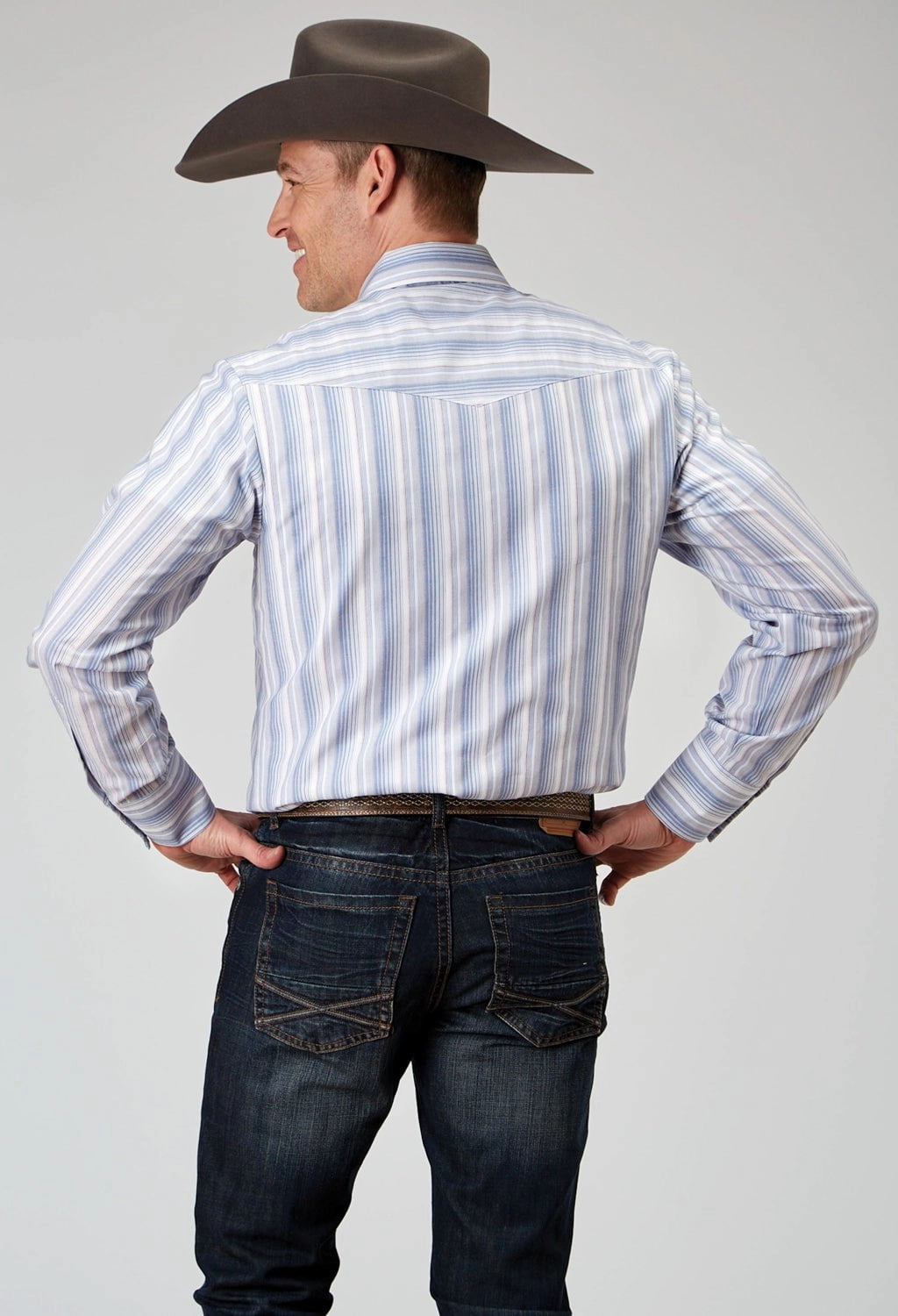 Button Down Design Roper Mens 55/45 Stripes Blue/White Cotton Blend L/S Shirt