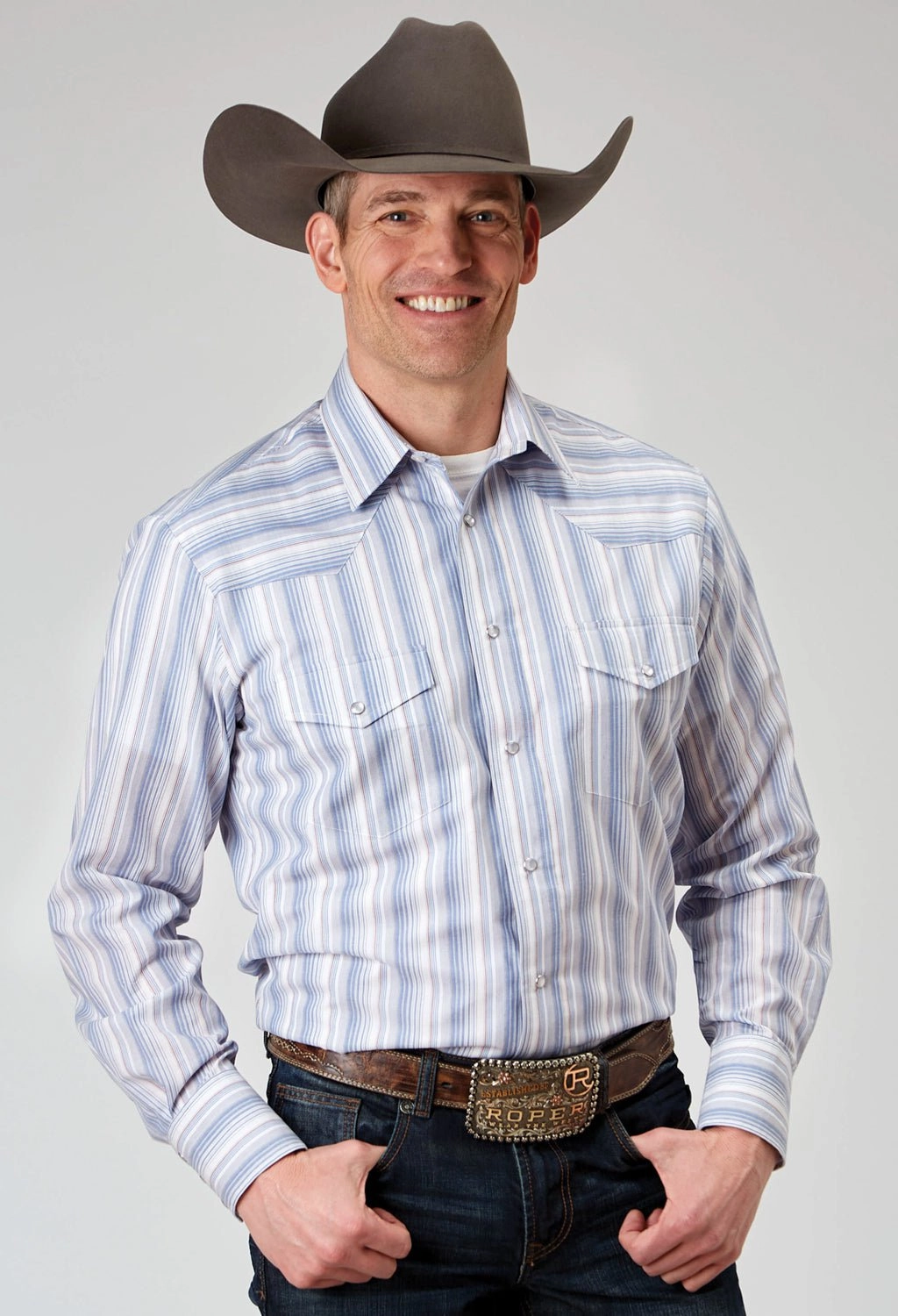 Roper Mens 55/45 Stripes Blue/White Cotton Blend L/S Shirt gender-neutral Versatile Layering Piece