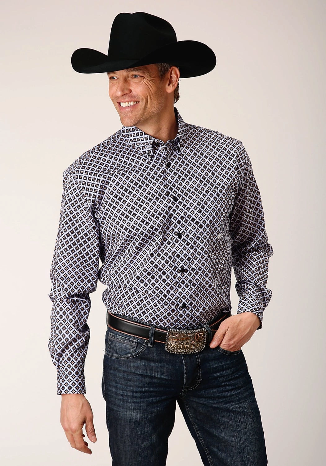 Roper Mens Tile Pattern Foulard Black 100% Cotton L/S Shirt EasyCare Fabric