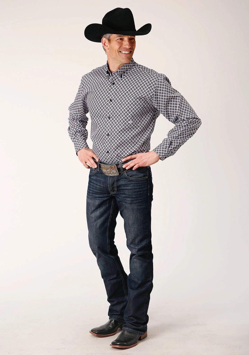 Roper Mens Tile Pattern Foulard Black 100% Cotton L/S Shirt High-End Look