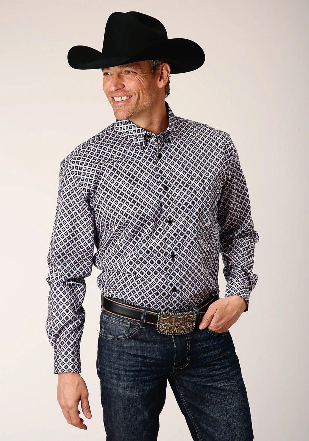 Roper Mens Tile Pattern Foulard Black 100% Cotton L/S Shirt Workwear Ready Premium Quality