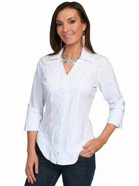 Multi Pocket Design Flexible Mobility Scully Cantina Collection Blouse White 100% Cotton Floral 3/4 Sleeve