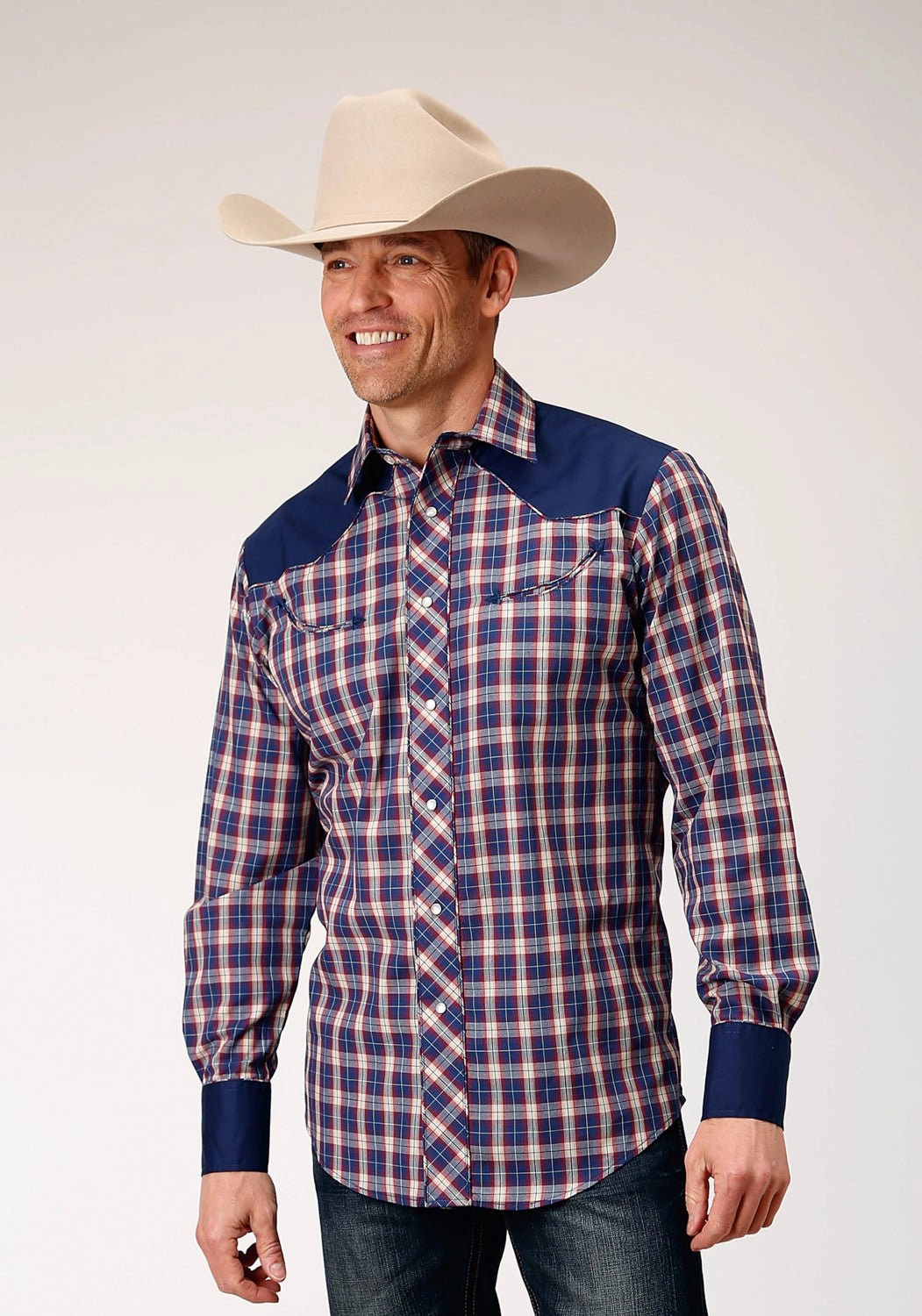 Functional Design Classic Look Roper Mens Cream Plaid Blue Cotton Blend L/S Shirt