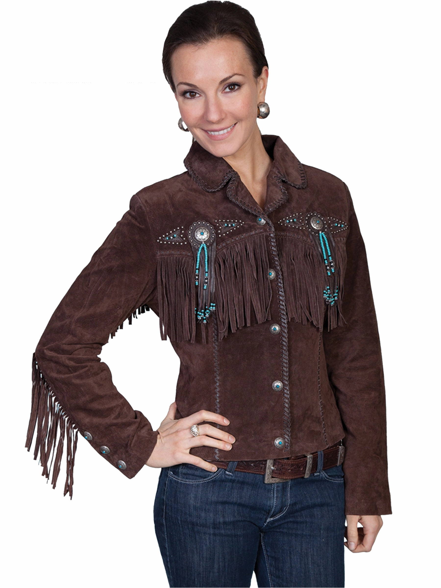 Scully Leather Womens Beaded Fringe Conchos Boar Suede Jacket Chocolate Multi Directional Stretch Transitional Daily Fit