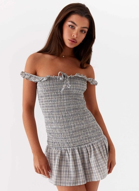 Anica Check Mini Dress - Grey Check Fresh Aesthetic Back-Pocket