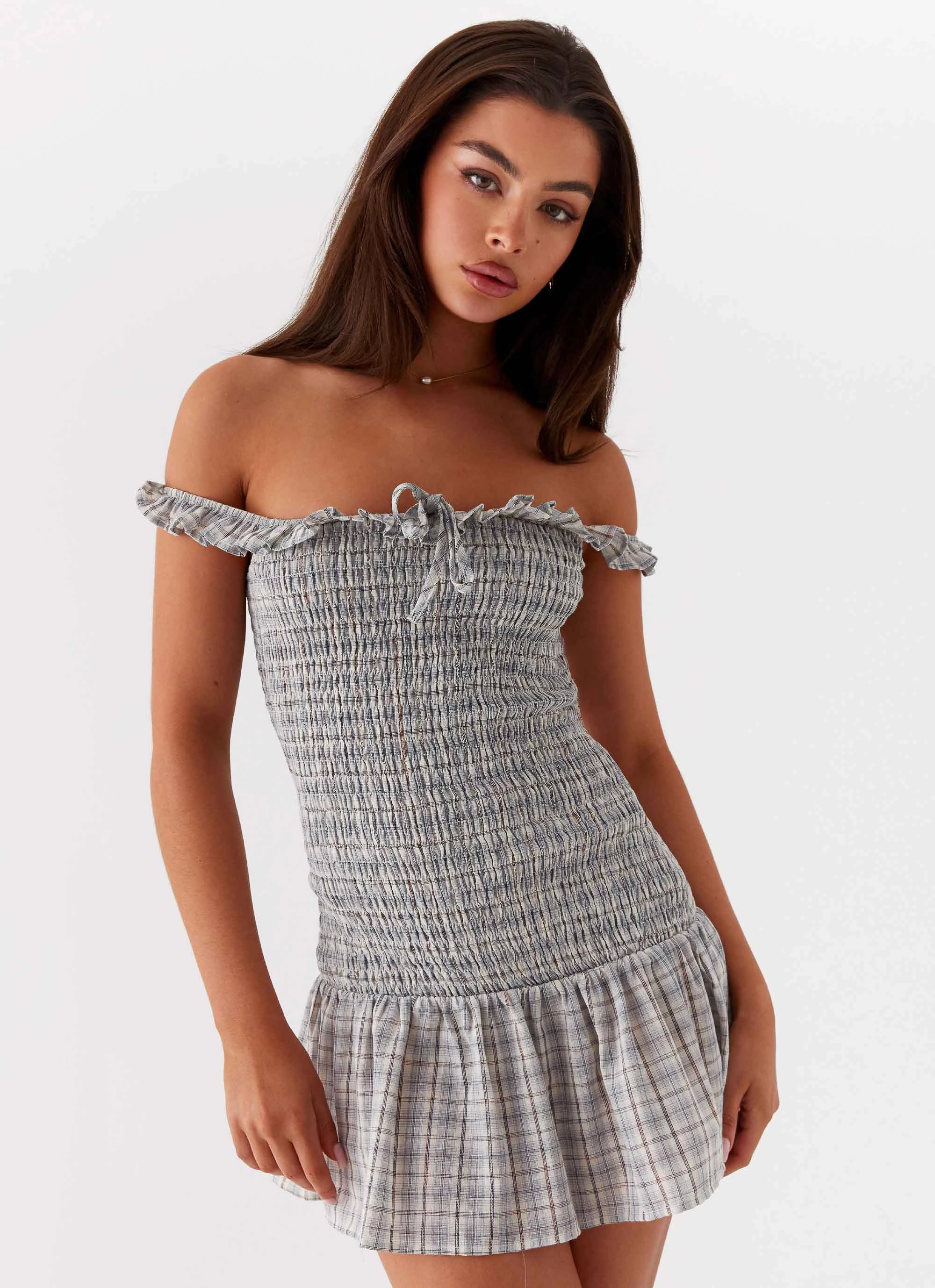 Notch Lapel Anica Check Mini Dress - Grey Check