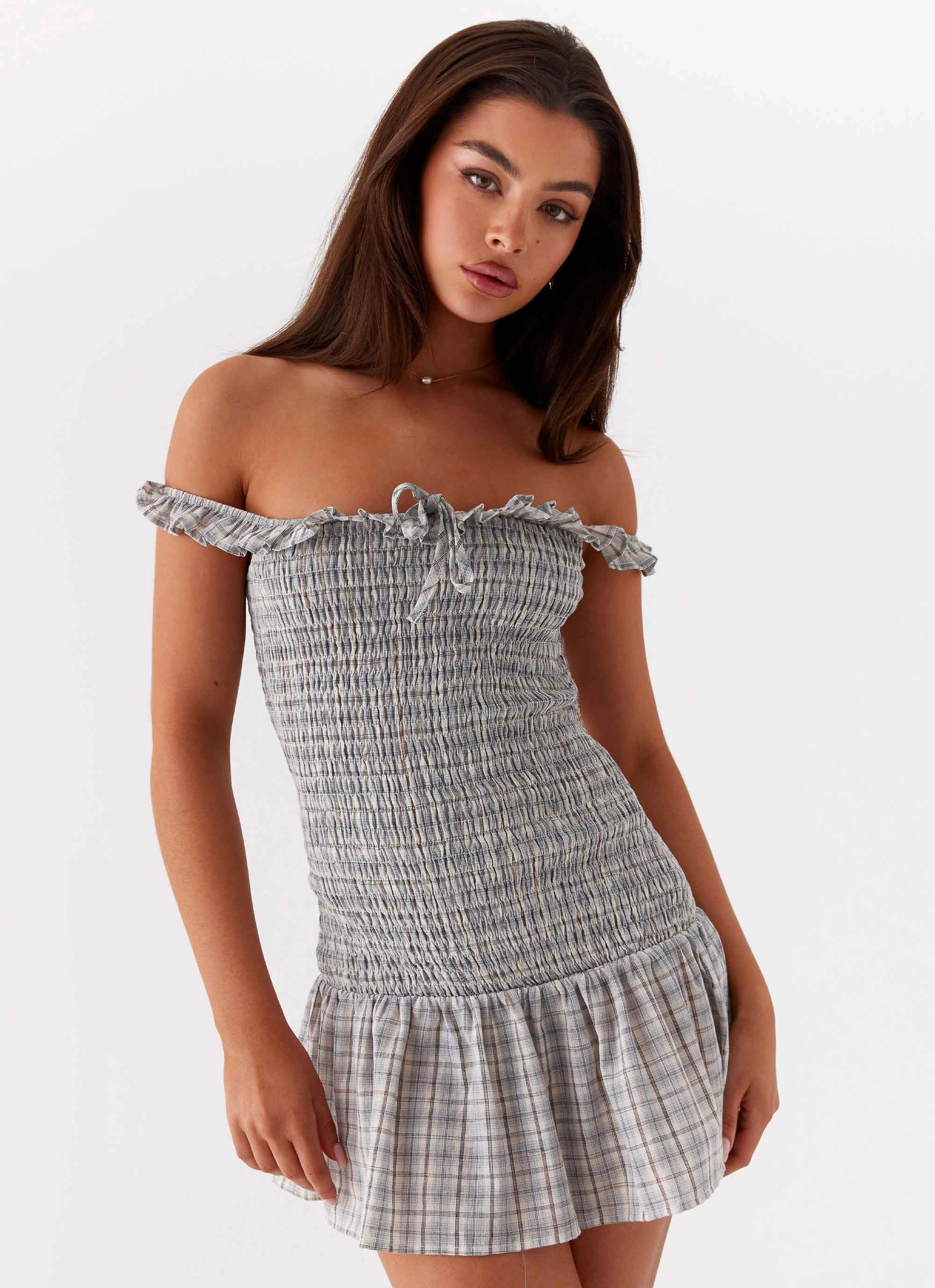 Anica Check Mini Dress - Grey Check Fresh Aesthetic Back-Pocket