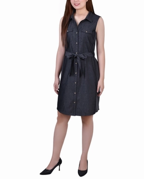 Layered Wear Sleeveless Belted Chambray Dress