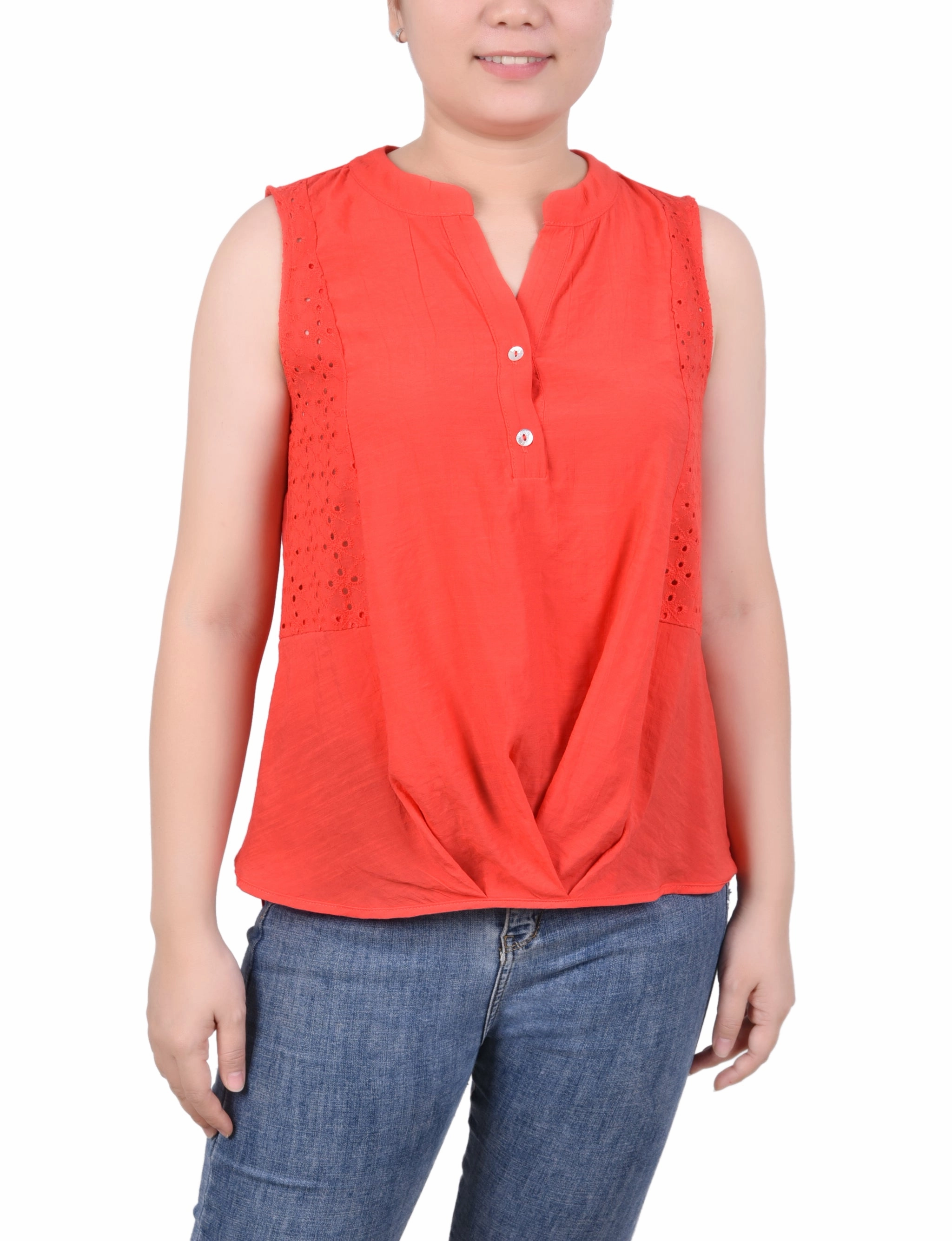 Sleeveless Blouse With Eyelet Insets Placket Detailing DoubleStitchedHem